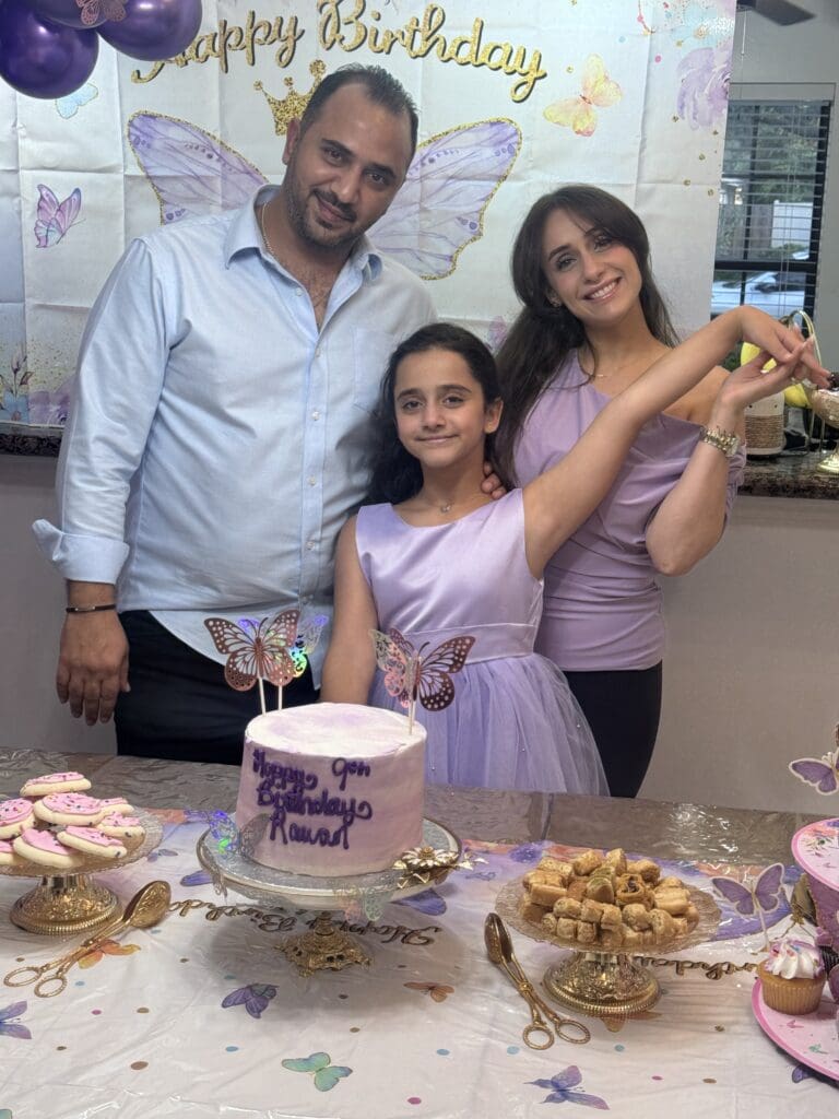 Ibrahim, Enji, and Rawan celebrating Rawan’s 9th birthday and the first among her family in the United States 